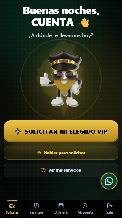 Pantalla de inicio real de Mi Elegido VIP Clientes para solicitar servicios y consultar el historial.