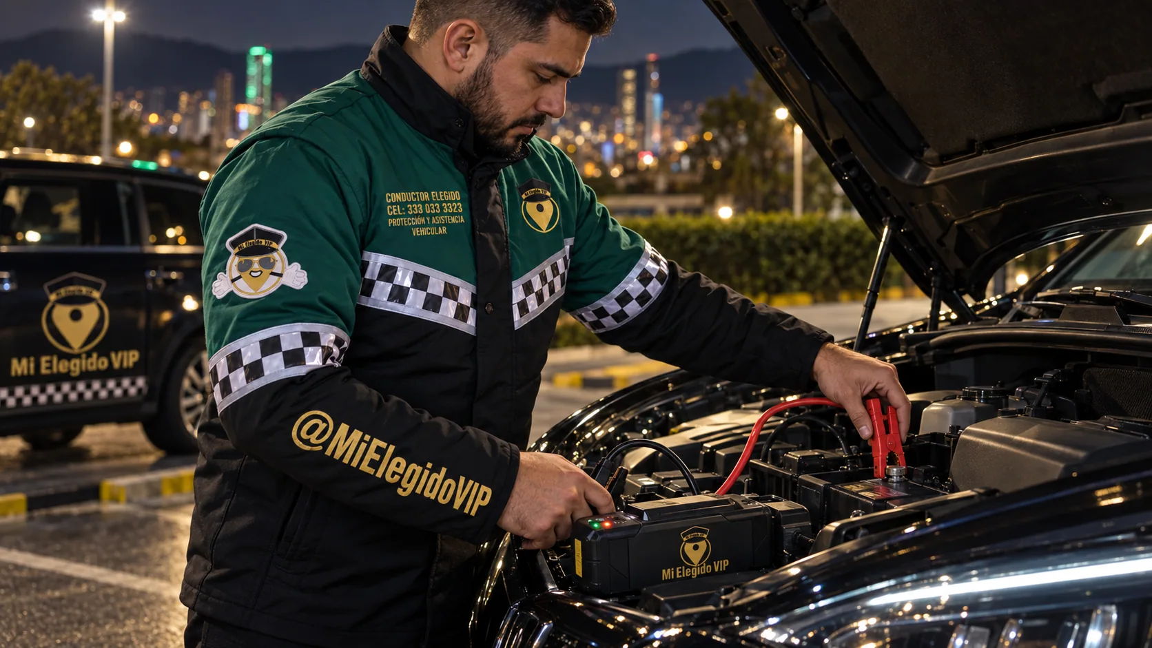 Técnico de Mi Elegido VIP utilizando un equipo de arranque de batería junto a un vehículo estacionado