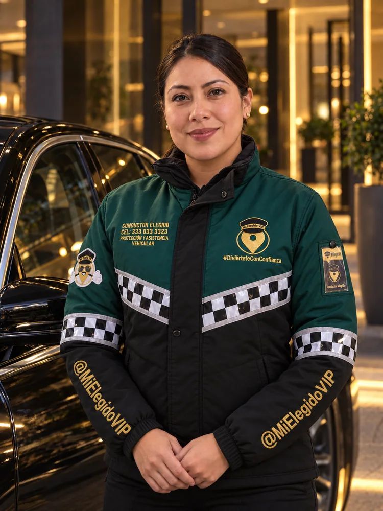 Conductora de Mi Elegido VIP con chaqueta corporativa e identificación de marca