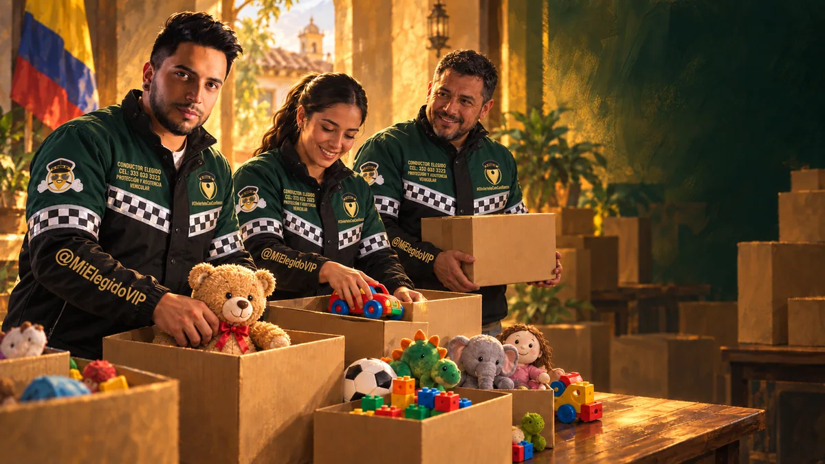 Ilustración de solidaridad: voluntarios con uniformes de Mi Elegido VIP preparando cajas de juguetes
