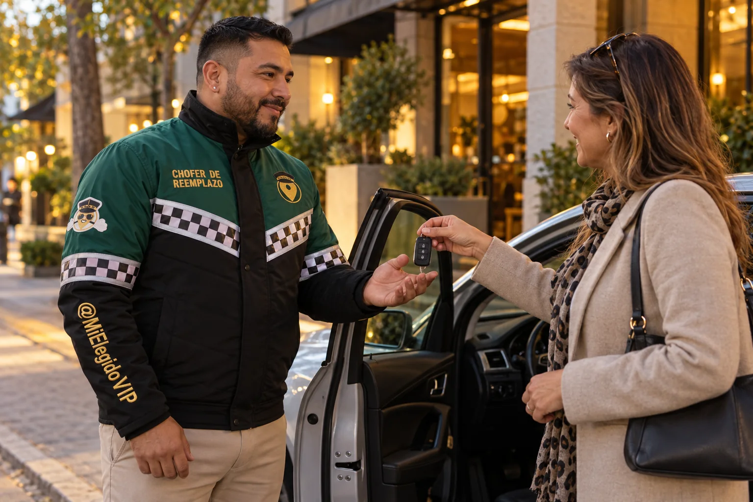 Conductor con dotación verde y negra de Mi Elegido VIP recibiendo las llaves del vehículo del cliente; chofer de reemplazo