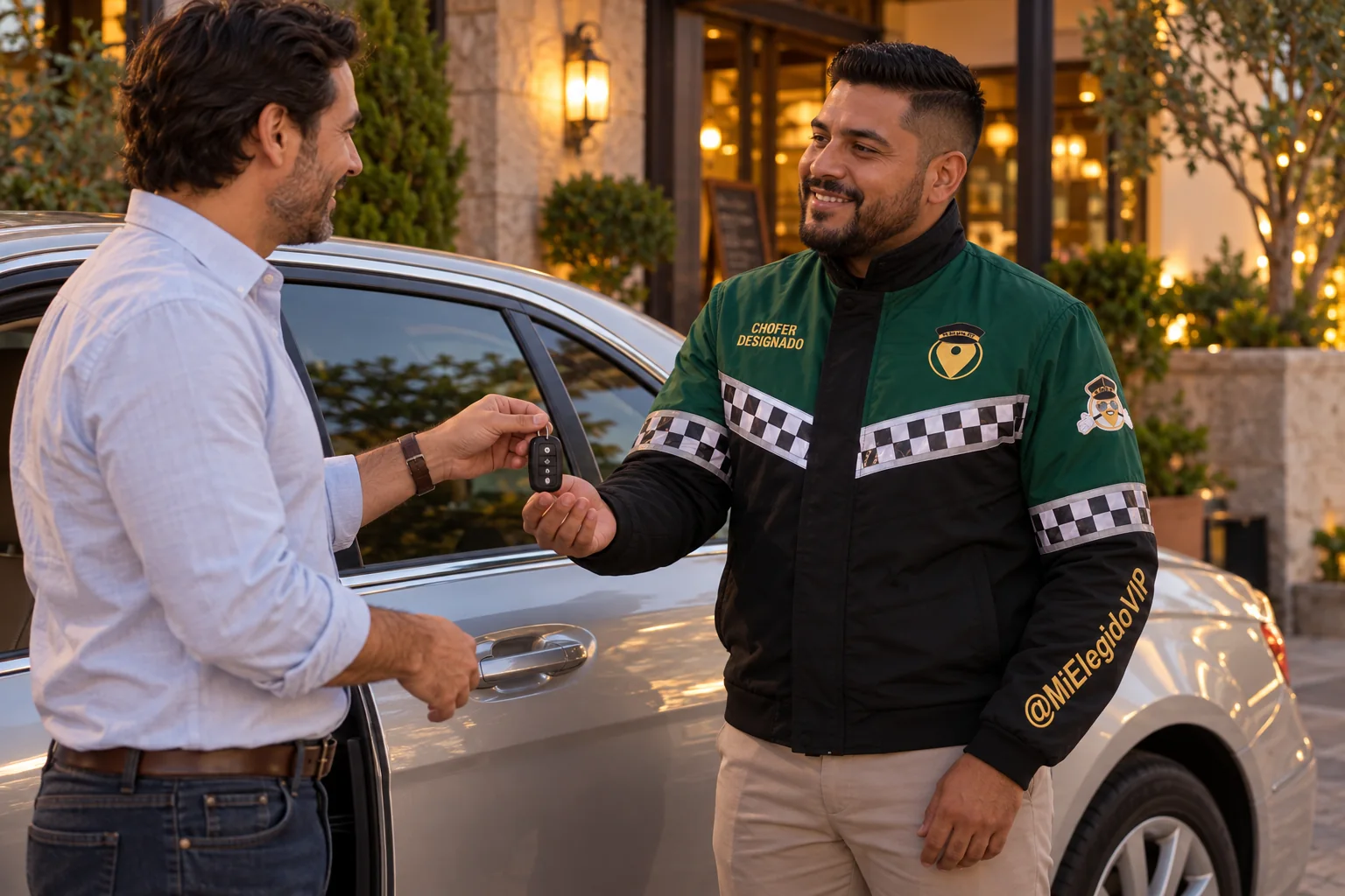 Conductor con dotación verde y negra de Mi Elegido VIP recibiendo las llaves del vehículo del cliente; chofer designado