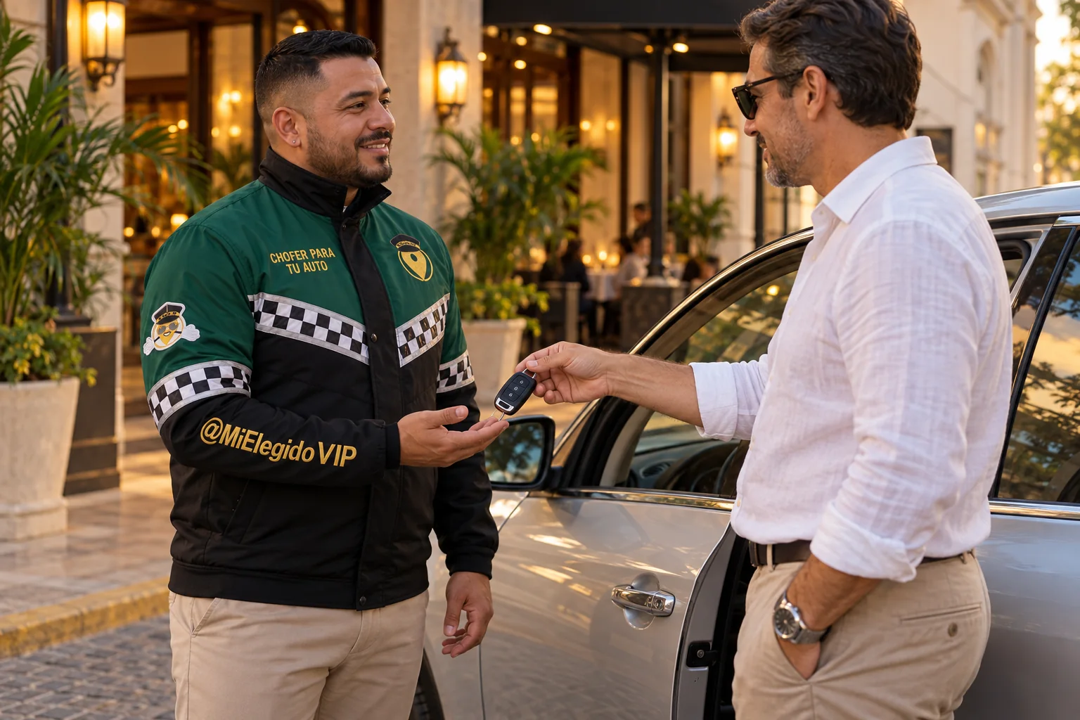 Conductor con dotación verde y negra de Mi Elegido VIP recibiendo las llaves del vehículo del cliente; chofer para tu auto