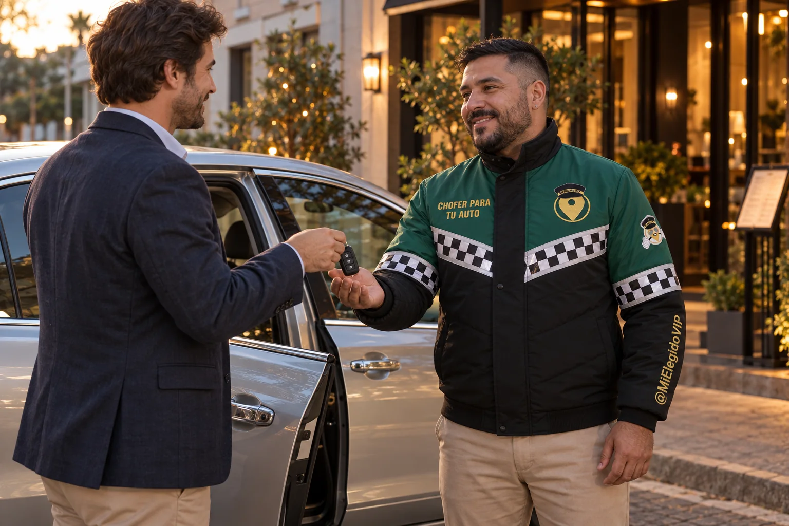 Conductor con dotación verde y negra de Mi Elegido VIP recibiendo las llaves del vehículo del cliente; chofer para tu auto