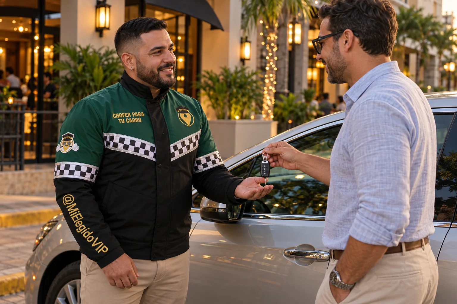 Conductor con dotación verde y negra de Mi Elegido VIP recibiendo las llaves del vehículo del cliente; chofer para tu carro