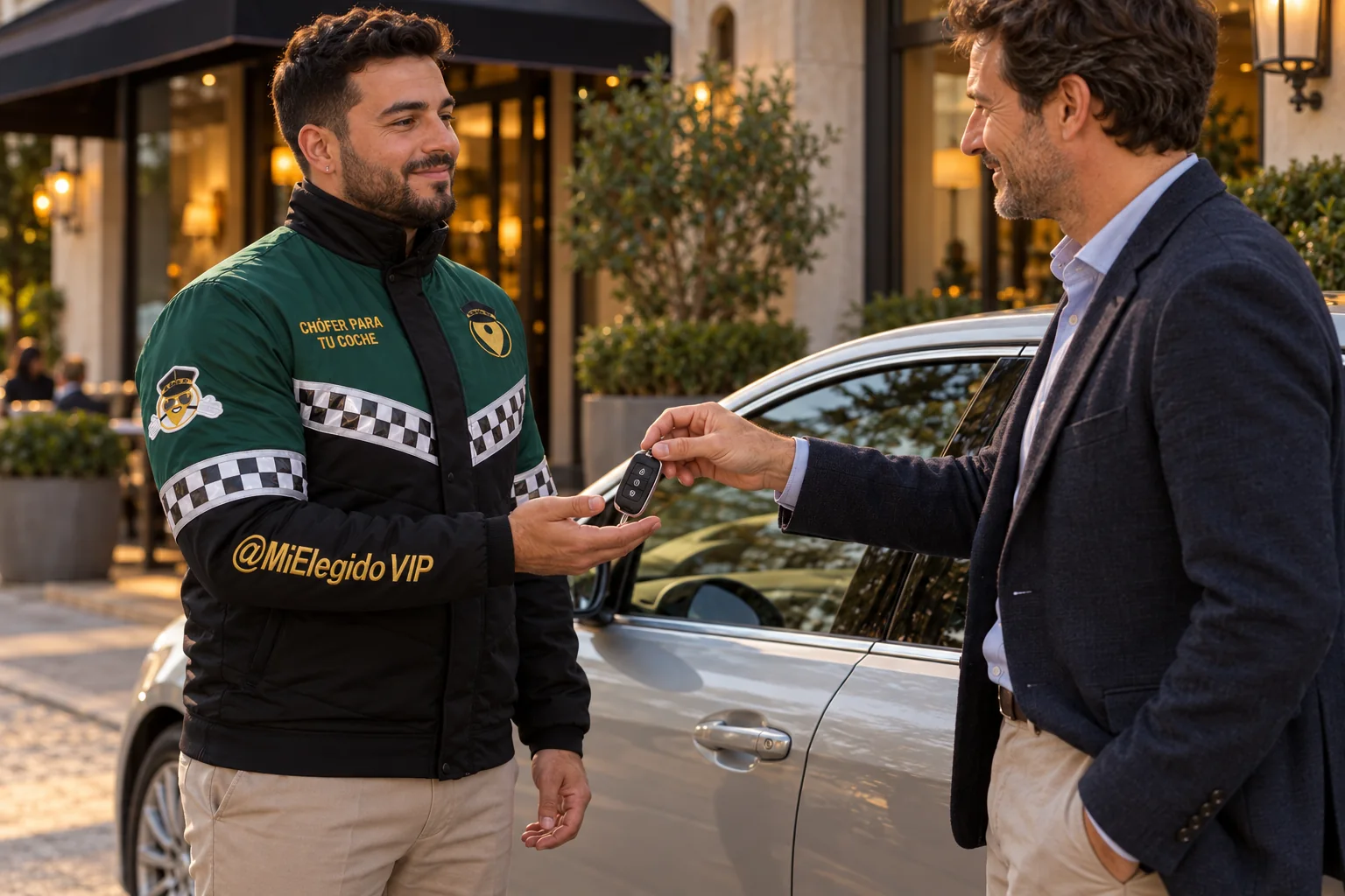 Conductor con dotación verde y negra de Mi Elegido VIP recibiendo las llaves del vehículo del cliente; chófer para tu coche