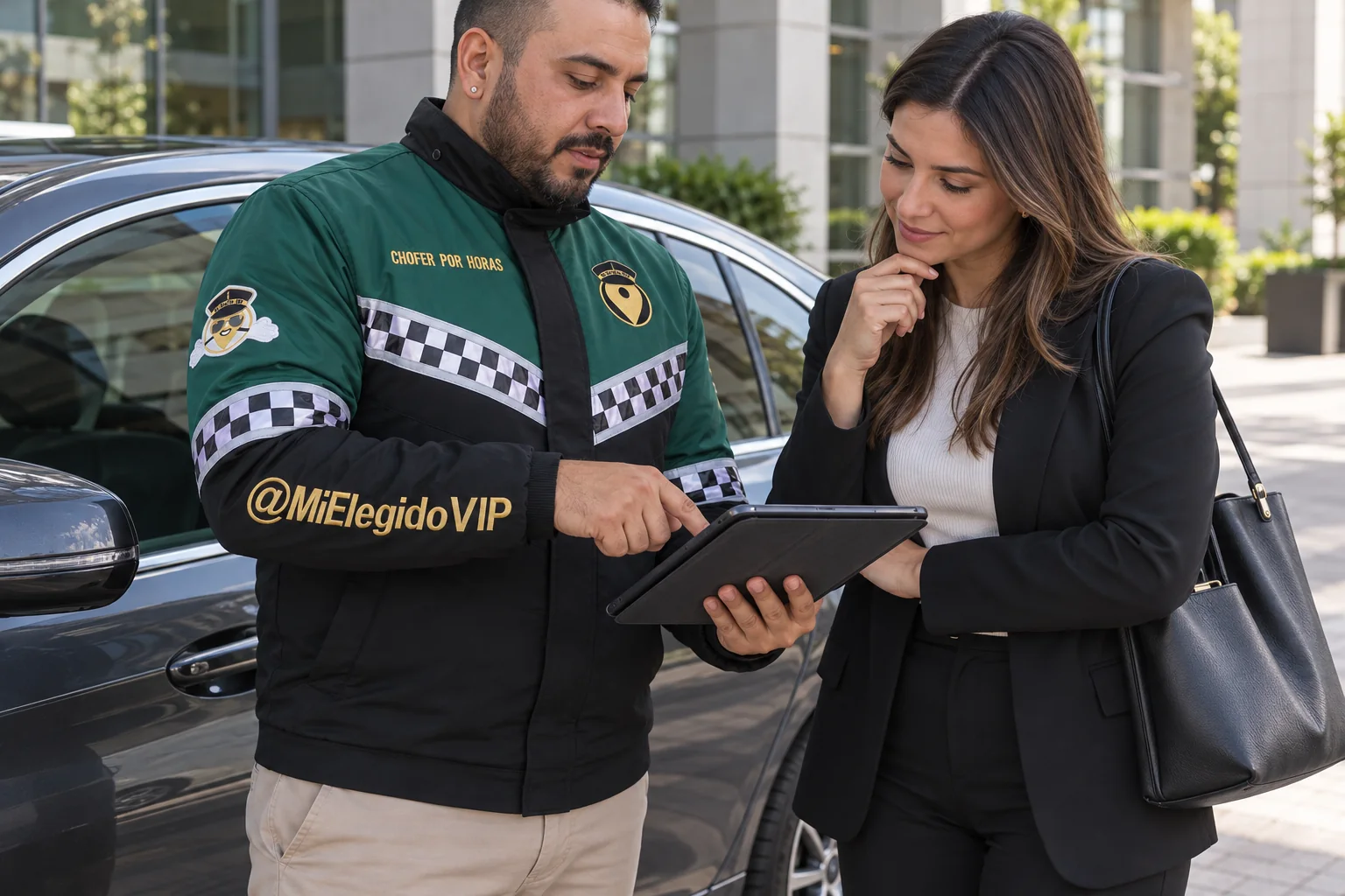 Chofer por horas con uniforme de Mi Elegido VIP revisando una agenda con una clienta junto a su vehículo