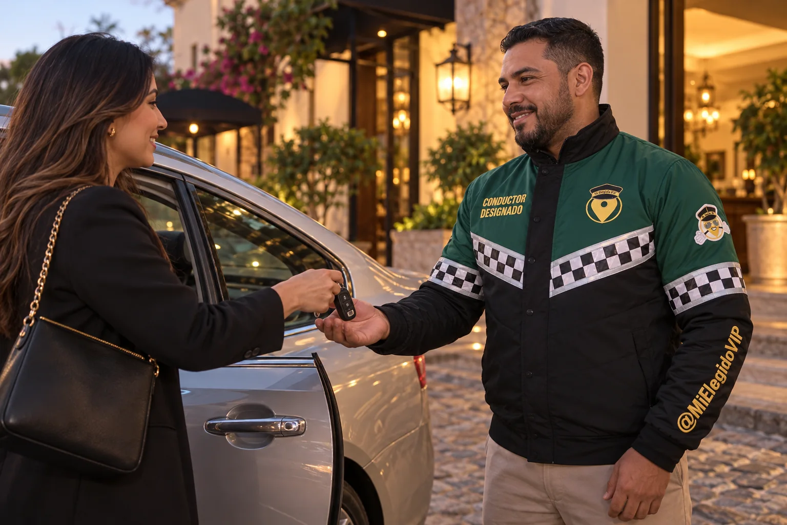 Conductor con dotación verde y negra de Mi Elegido VIP recibiendo las llaves del vehículo del cliente; conductor designado