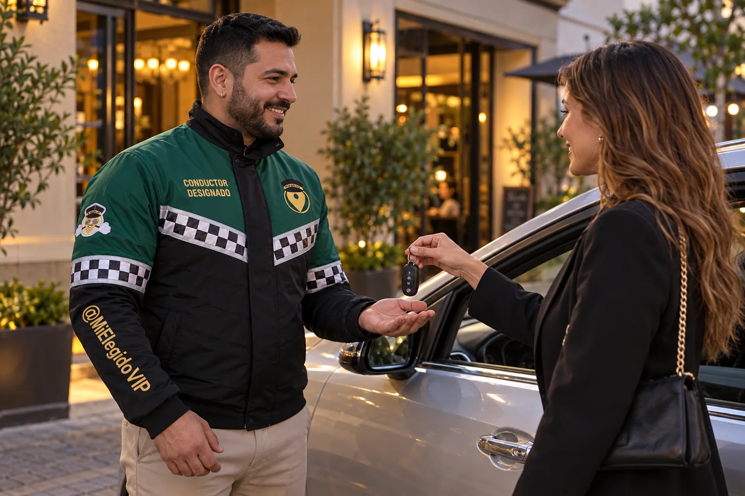 Conductor con dotación verde y negra de Mi Elegido VIP recibiendo las llaves del vehículo del cliente; conductor designado