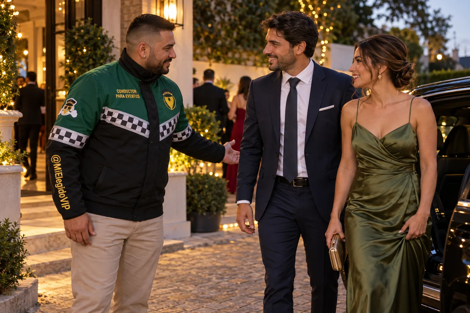 Conductor para eventos con uniforme de Mi Elegido VIP recibiendo a dos invitados junto a un automóvil