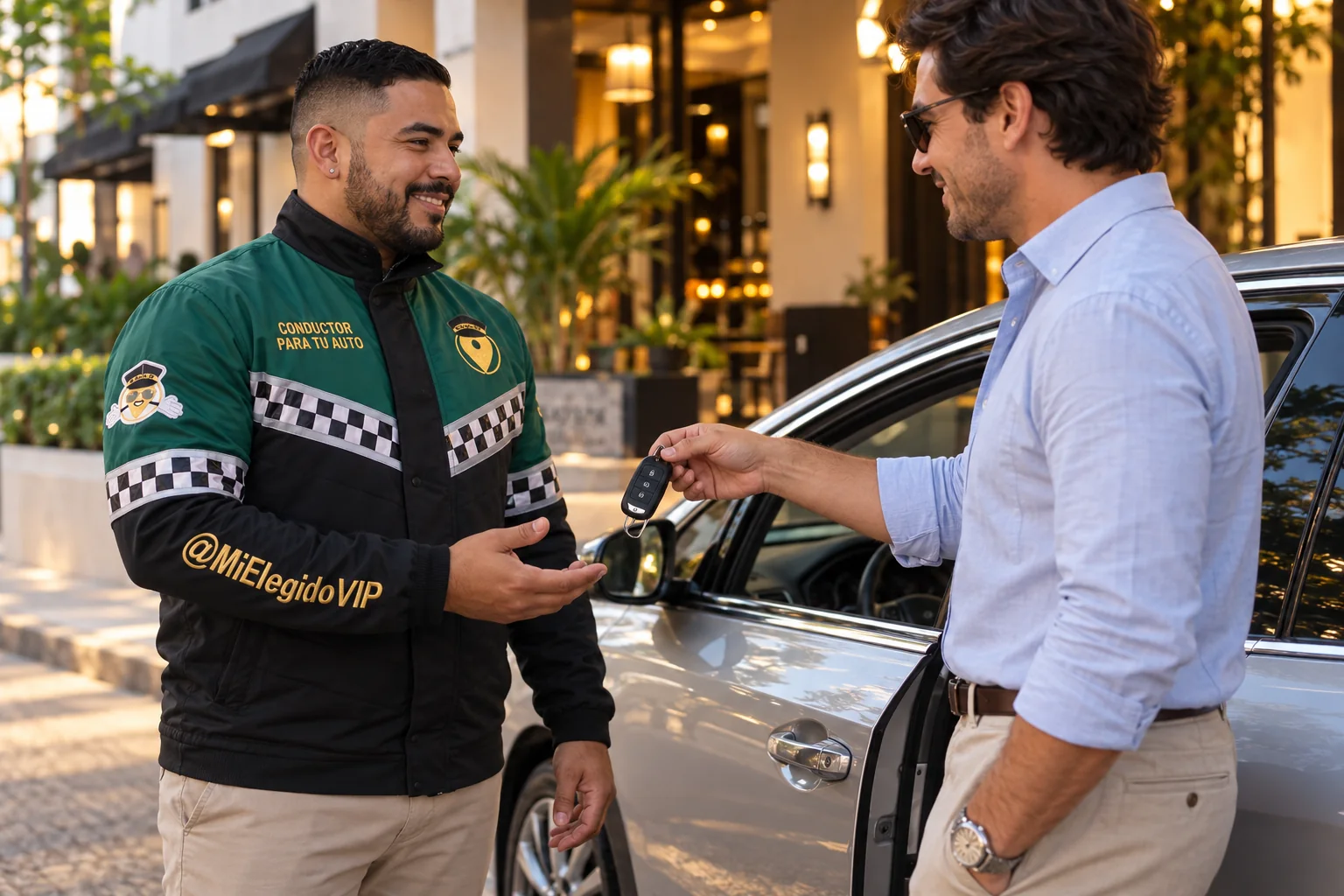 Conductor con dotación verde y negra de Mi Elegido VIP recibiendo las llaves del vehículo del cliente; conductor para tu auto