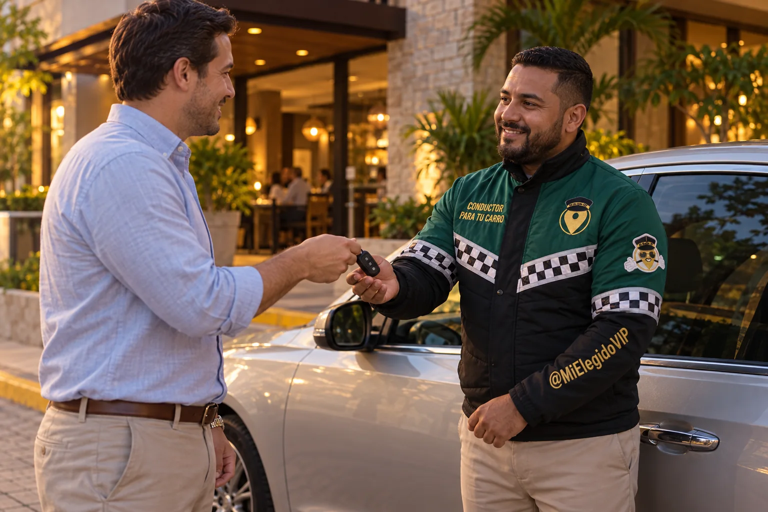 Conductor con dotación verde y negra de Mi Elegido VIP recibiendo las llaves del vehículo del cliente; conductor para tu carro