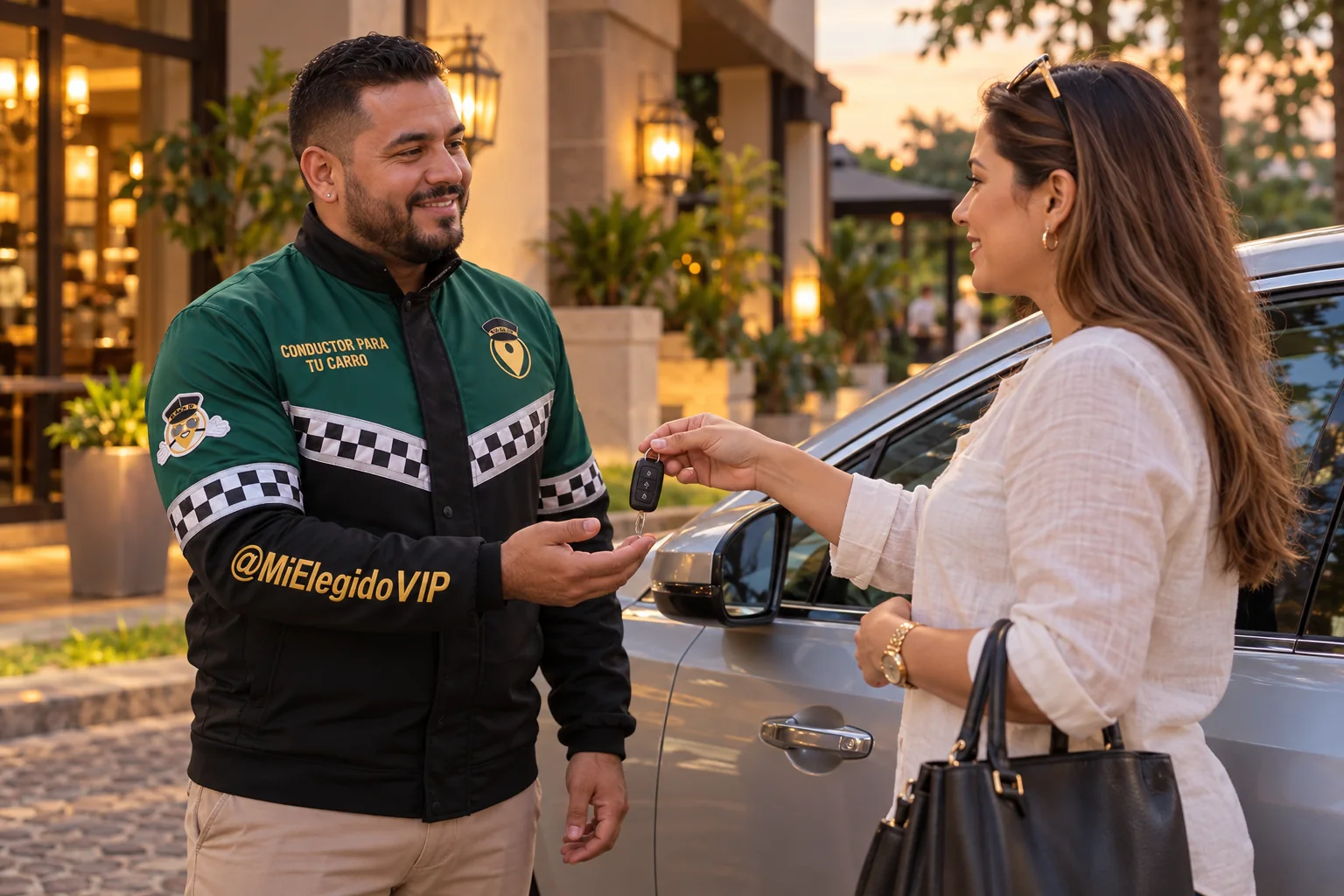 Conductor con dotación verde y negra de Mi Elegido VIP recibiendo las llaves del vehículo del cliente; conductor para tu carro