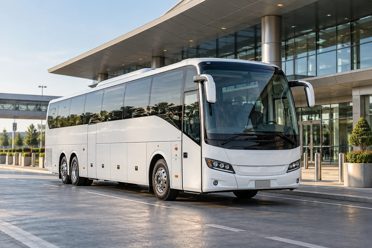 Autobús turístico de referencia para transporte privado, estacionado junto a una terminal
