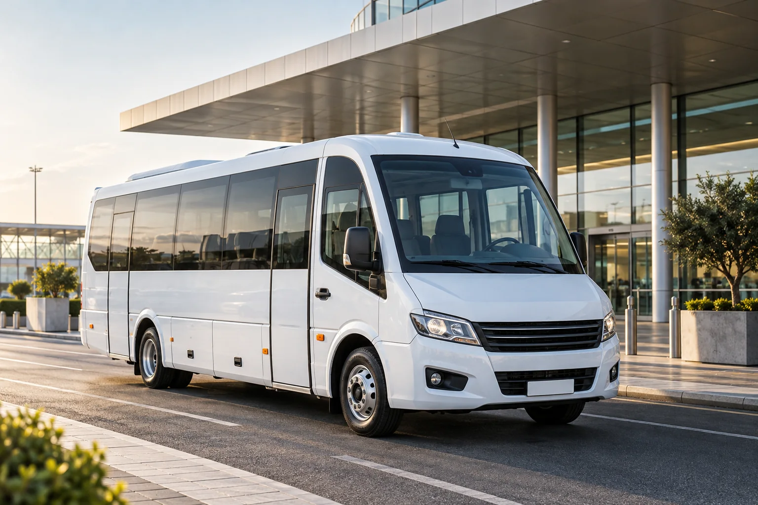 Microbús para grupos de referencia para transporte privado, estacionado junto a una terminal