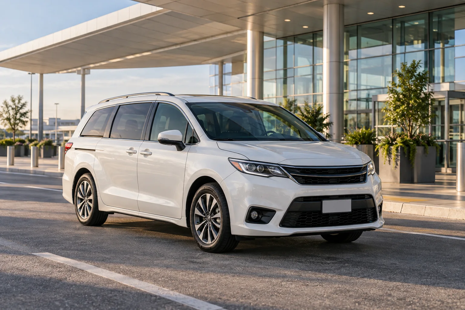 Minivan familiar de referencia para transporte privado, estacionado junto a una terminal