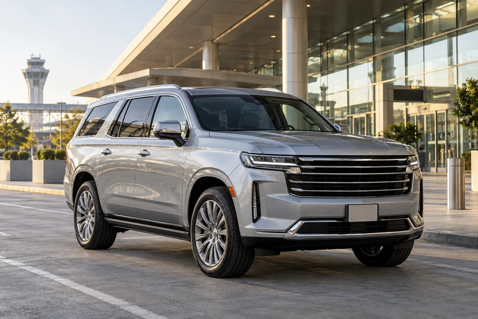 Suv premium de referencia para transporte privado, estacionado junto a una terminal