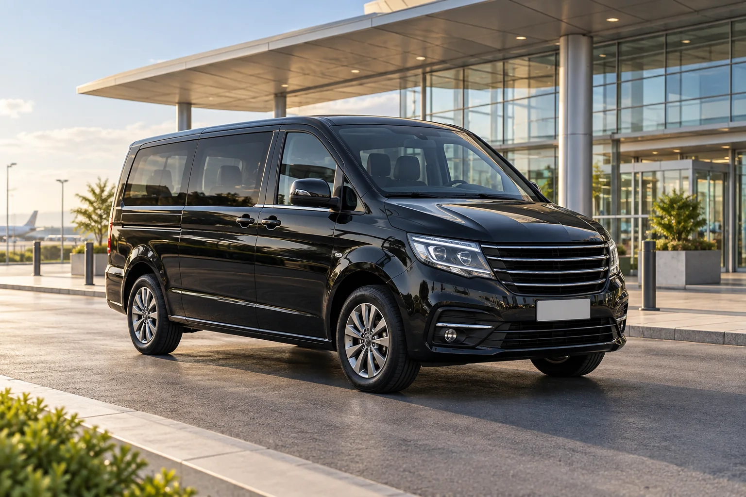 Van ejecutiva de referencia para transporte privado, estacionado junto a una terminal