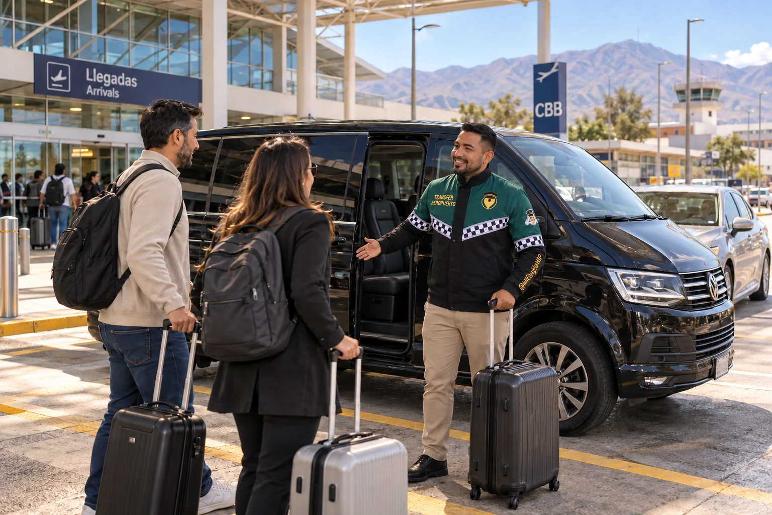 Recreación de transfer aeropuerto para Cochabamba, con conductor uniformado, viajeros y vehículo junto a una terminal