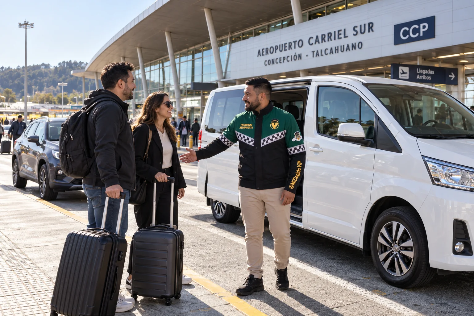 Recreación de transfer aeropuerto para Concepción, con conductor uniformado, viajeros y vehículo junto a una terminal