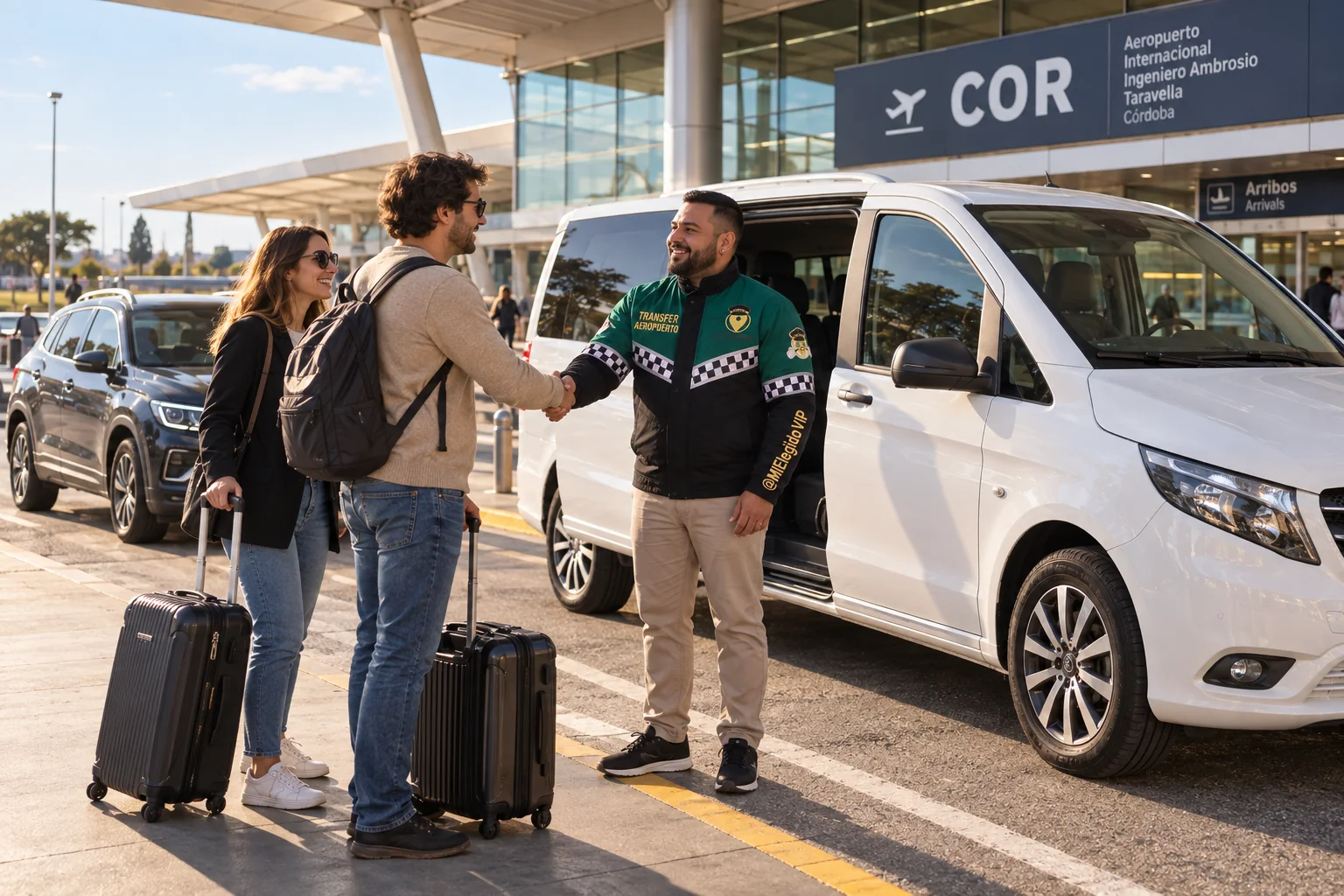 Recreación de transfer aeropuerto para Córdoba, con conductor uniformado, viajeros y vehículo junto a una terminal