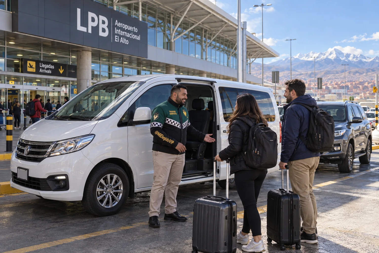 Recreación de transfer aeropuerto para La Paz, con conductor uniformado, viajeros y vehículo junto a una terminal