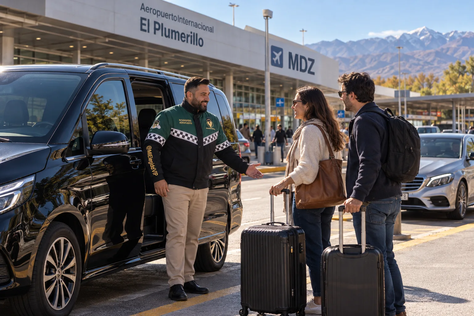 Recreación de transfer aeropuerto para Mendoza, con conductor uniformado, viajeros y vehículo junto a una terminal