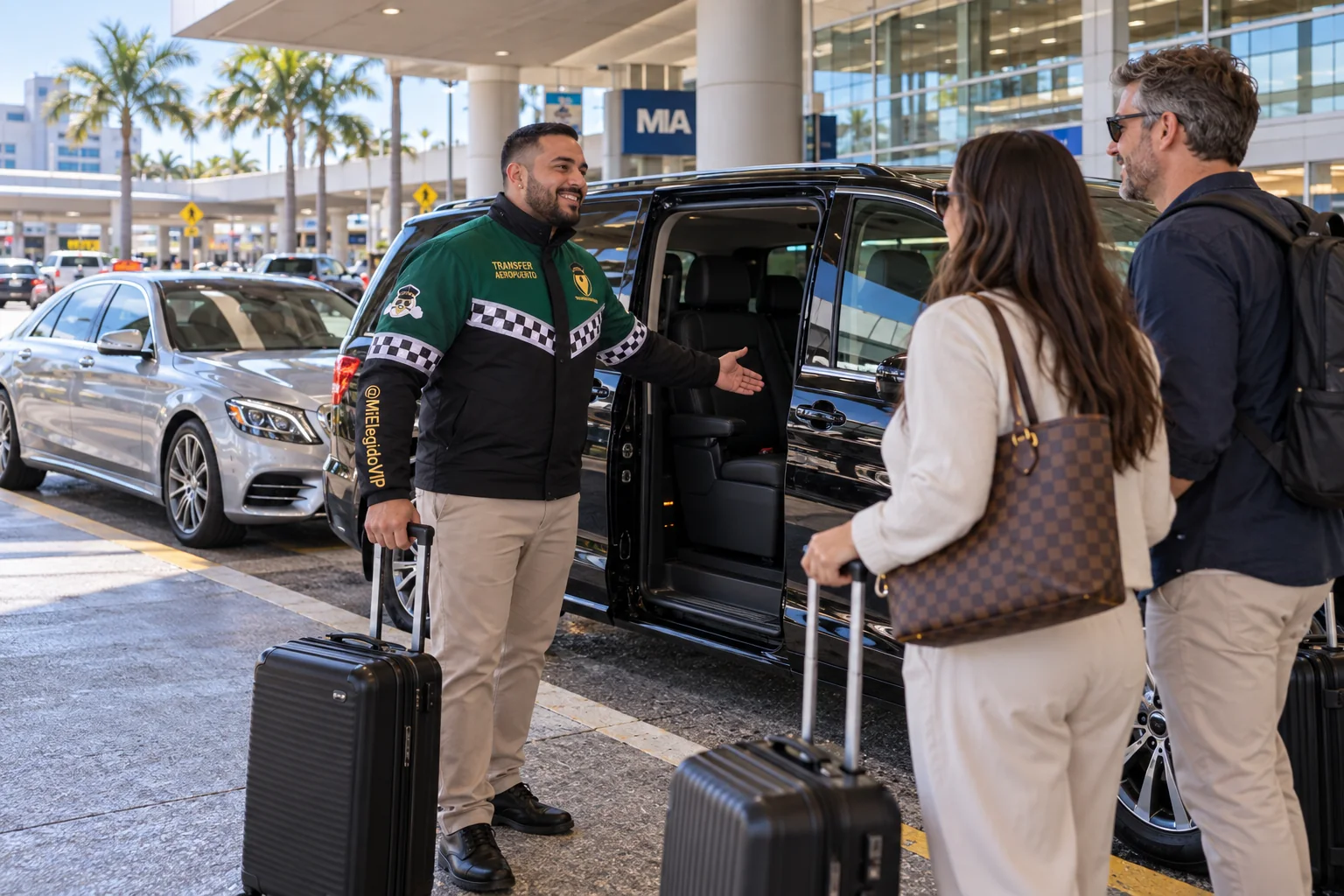Recreación de transfer aeropuerto para Miami, con conductor uniformado, viajeros y vehículo junto a una terminal