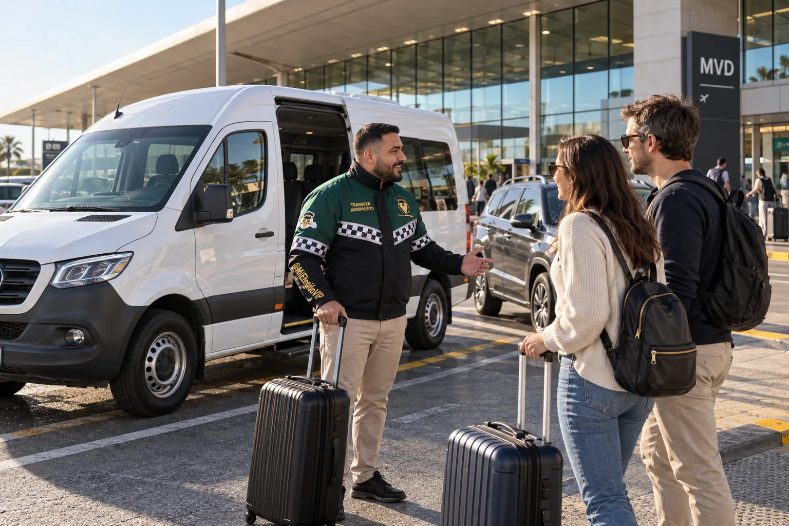 Recreación de transfer aeropuerto para Montevideo, con conductor uniformado, viajeros y vehículo junto a una terminal