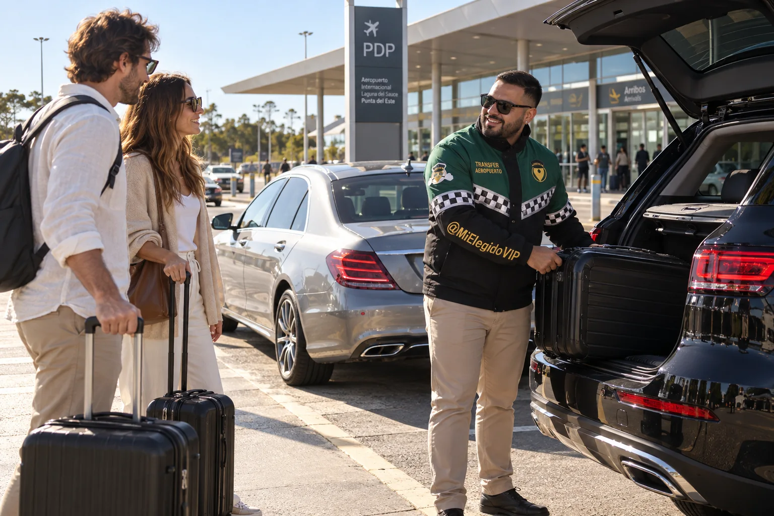 Recreación de transfer aeropuerto para Punta del Este, con conductor uniformado, viajeros y vehículo junto a una terminal