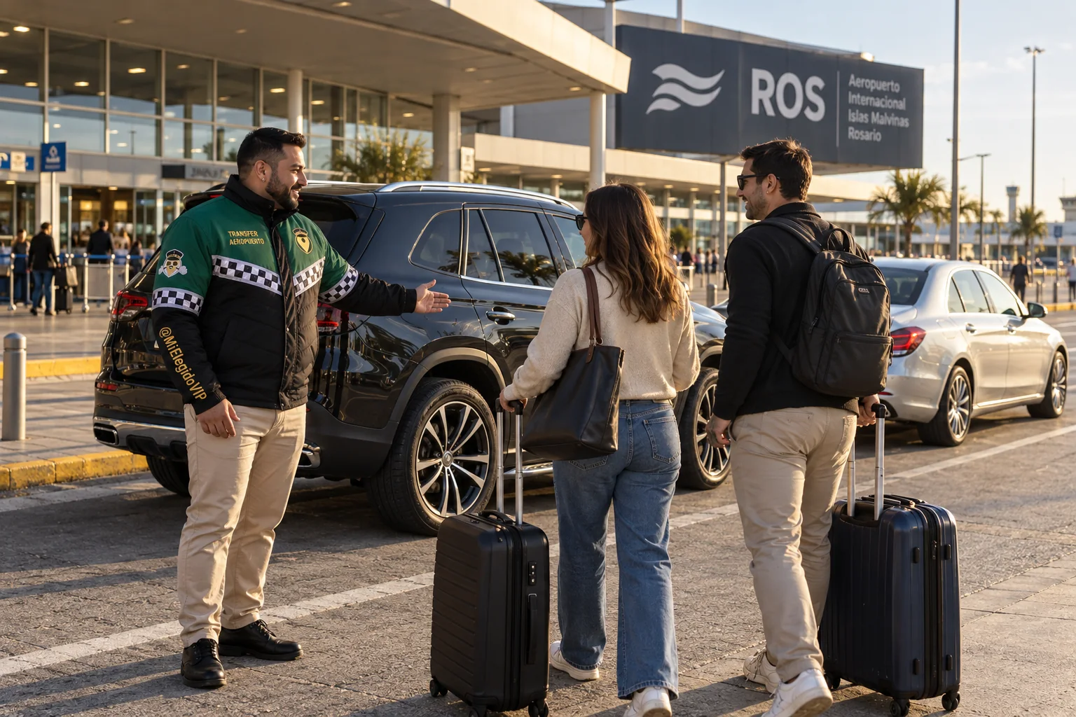 Recreación de transfer aeropuerto para Rosario, con conductor uniformado, viajeros y vehículo junto a una terminal