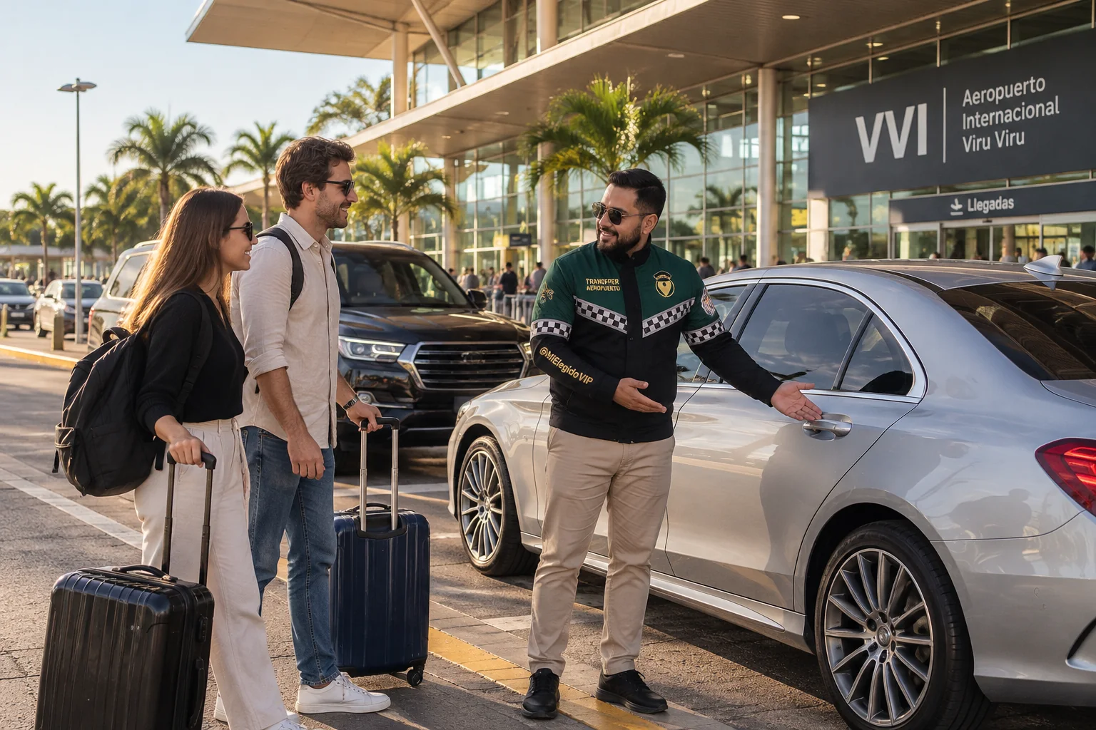 Recreación de transfer aeropuerto para Santa Cruz de la Sierra, con conductor uniformado, viajeros y vehículo junto a una terminal