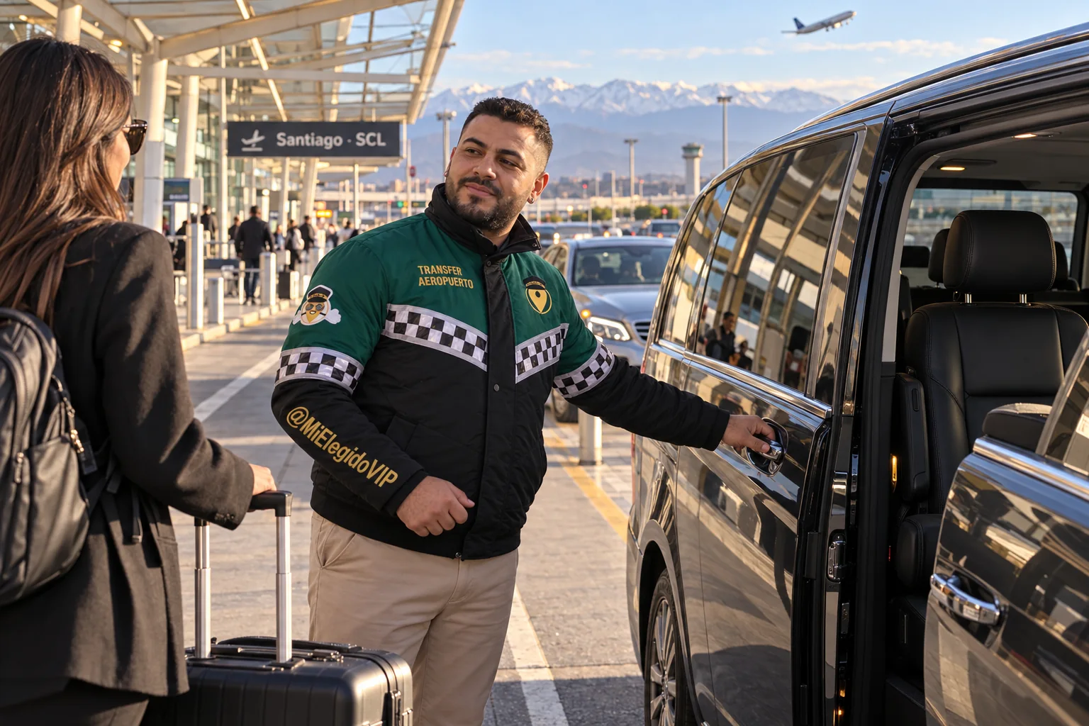 Recreación de transfer aeropuerto para Santiago, con conductor uniformado, viajeros y vehículo junto a una terminal