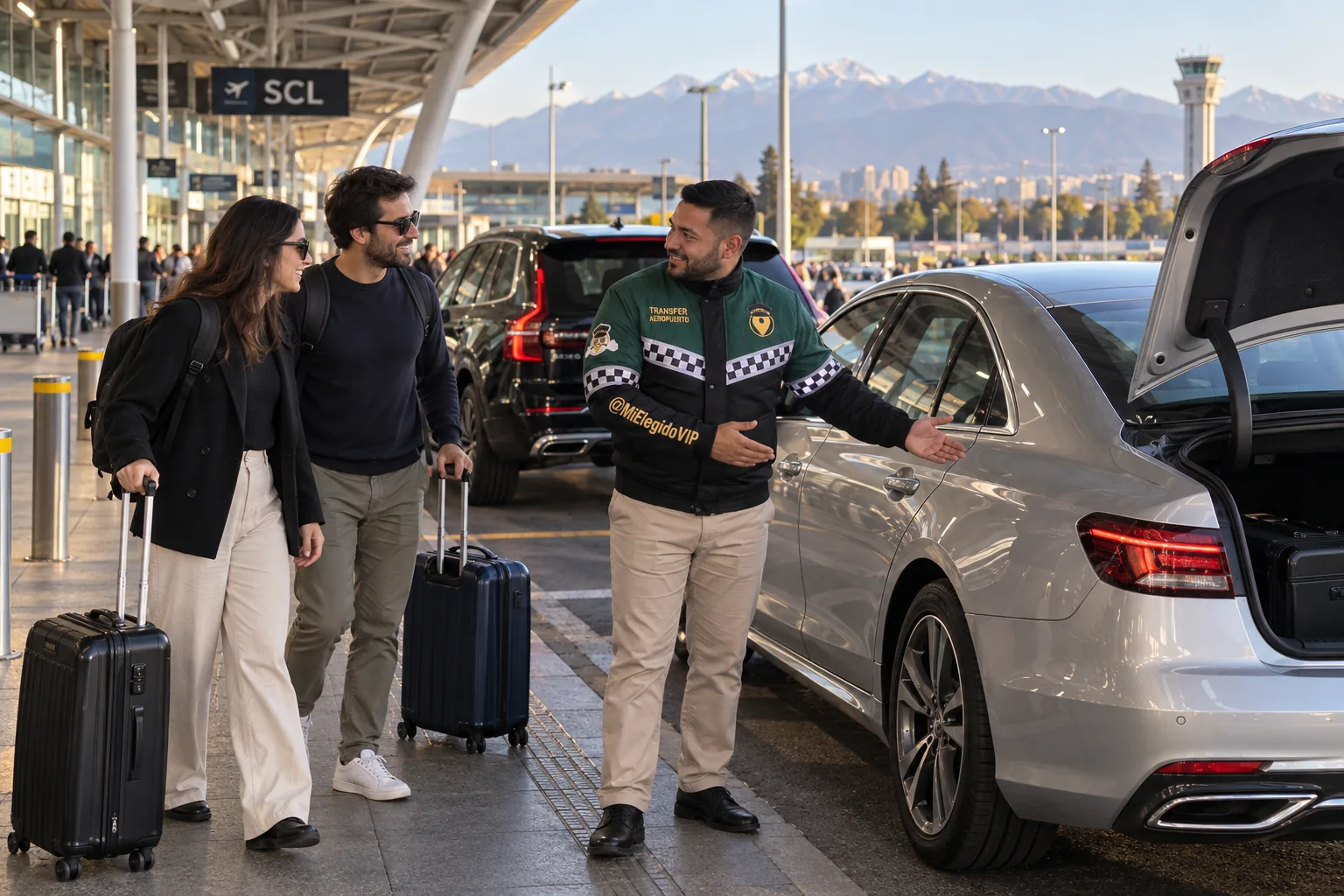 Recreación de transfer aeropuerto para Valparaíso, con conductor uniformado, viajeros y vehículo junto a una terminal