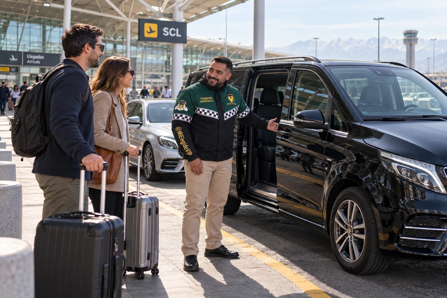 Recreación de transfer aeropuerto para Viña del Mar, con conductor uniformado, viajeros y vehículo junto a una terminal