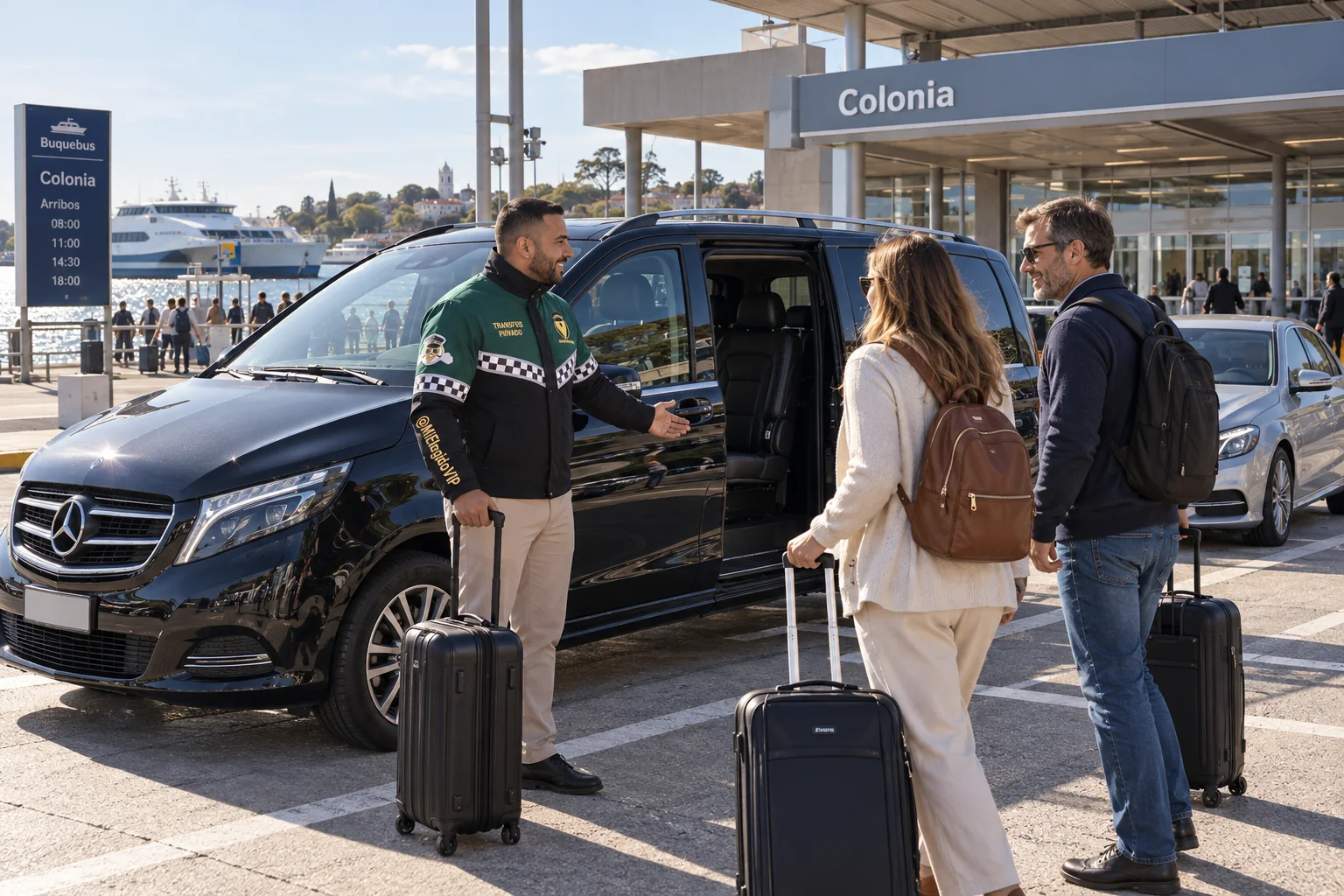 Recreación de transfer privado para Colonia del Sacramento, con conductor uniformado, viajeros y vehículo junto a una terminal