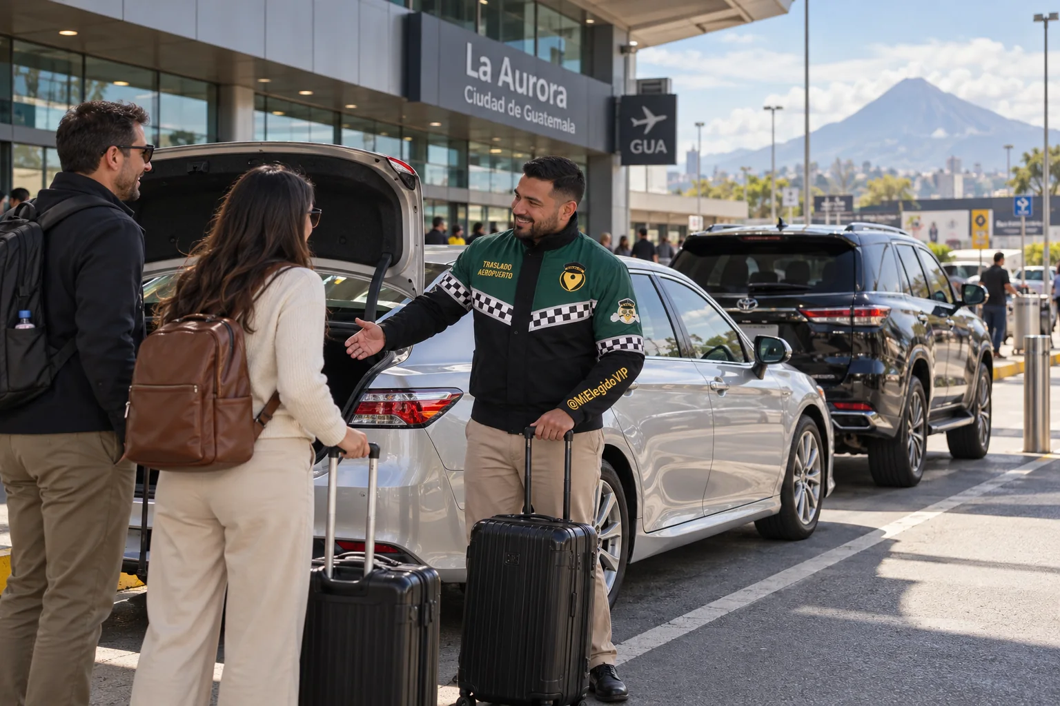 Recreación de traslado aeropuerto para Antigua Guatemala, con conductor uniformado, viajeros y vehículo junto a una terminal