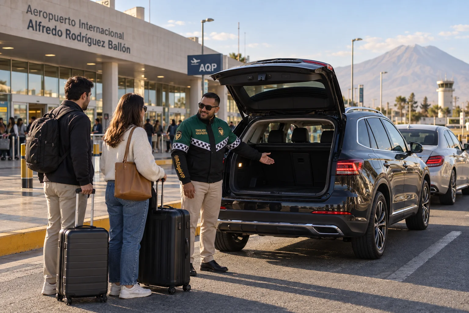 Recreación de traslado aeropuerto para Arequipa, con conductor uniformado, viajeros y vehículo junto a una terminal