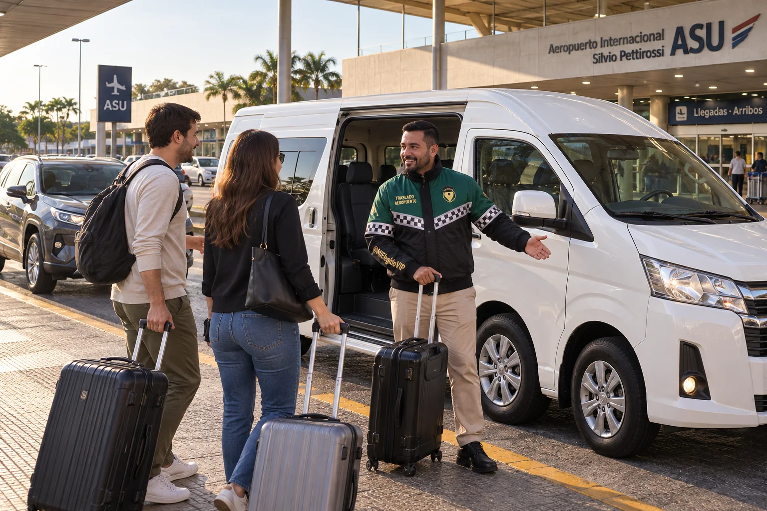 Recreación de traslado aeropuerto para Asunción, con conductor uniformado, viajeros y vehículo junto a una terminal