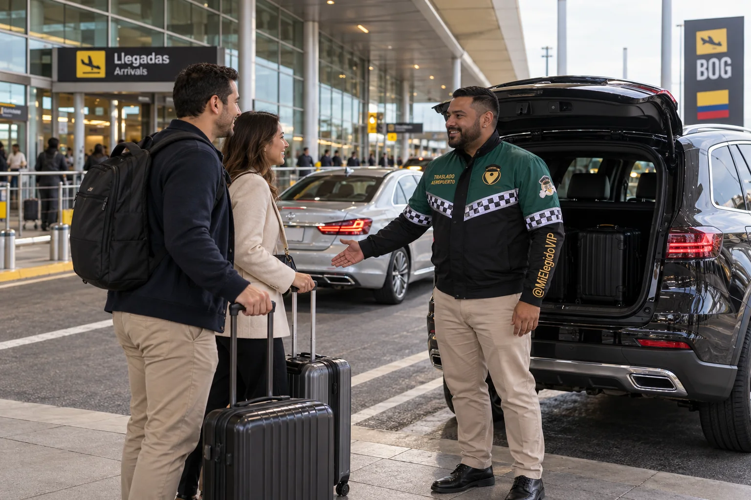 Recreación de traslado aeropuerto para Bogotá, con conductor uniformado, viajeros y vehículo junto a una terminal