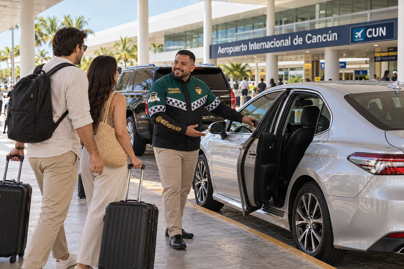 Recreación de traslado aeropuerto para Cancún, con conductor uniformado, viajeros y vehículo junto a una terminal
