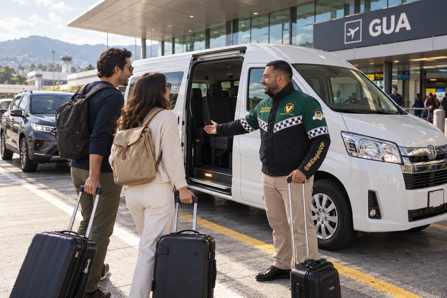 Recreación de traslado aeropuerto para Ciudad de Guatemala, con conductor uniformado, viajeros y vehículo junto a una terminal