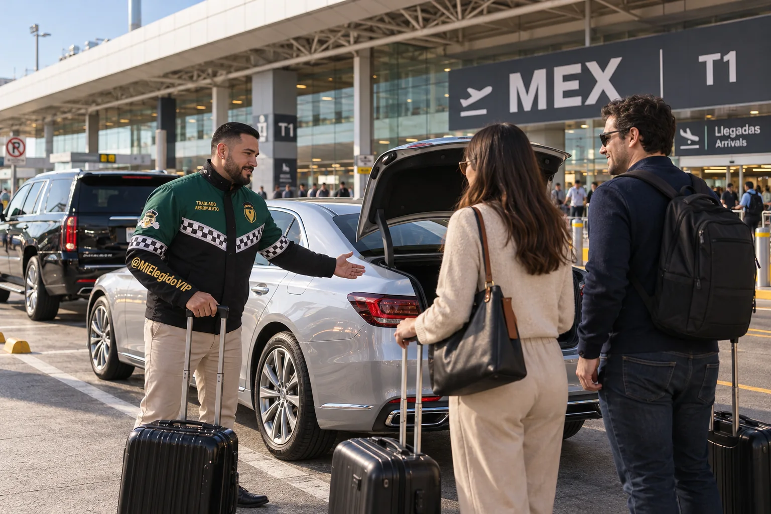 Recreación de traslado aeropuerto para Ciudad de México, con conductor uniformado, viajeros y vehículo junto a una terminal