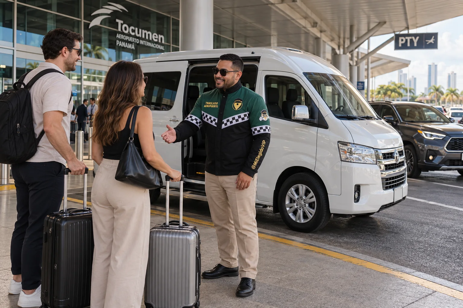 Recreación de traslado aeropuerto para Ciudad de Panamá, con conductor uniformado, viajeros y vehículo junto a una terminal
