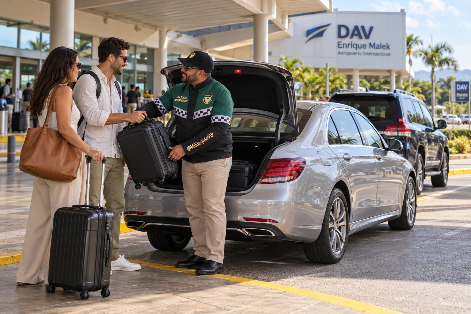 Recreación de traslado aeropuerto para David, con conductor uniformado, viajeros y vehículo junto a una terminal