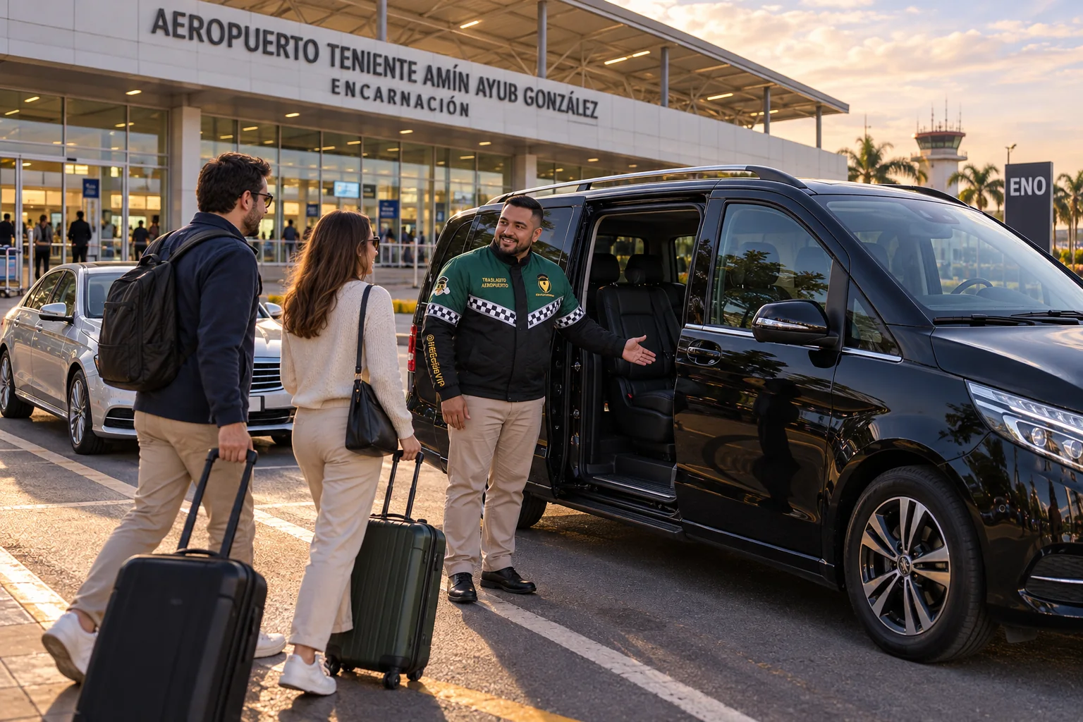 Recreación de traslado aeropuerto para Encarnación, con conductor uniformado, viajeros y vehículo junto a una terminal