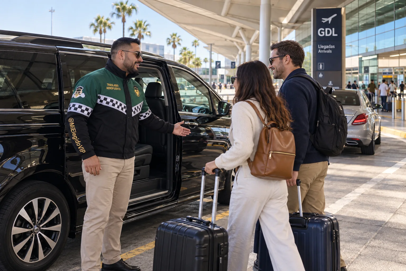 Recreación de traslado aeropuerto para Guadalajara, con conductor uniformado, viajeros y vehículo junto a una terminal