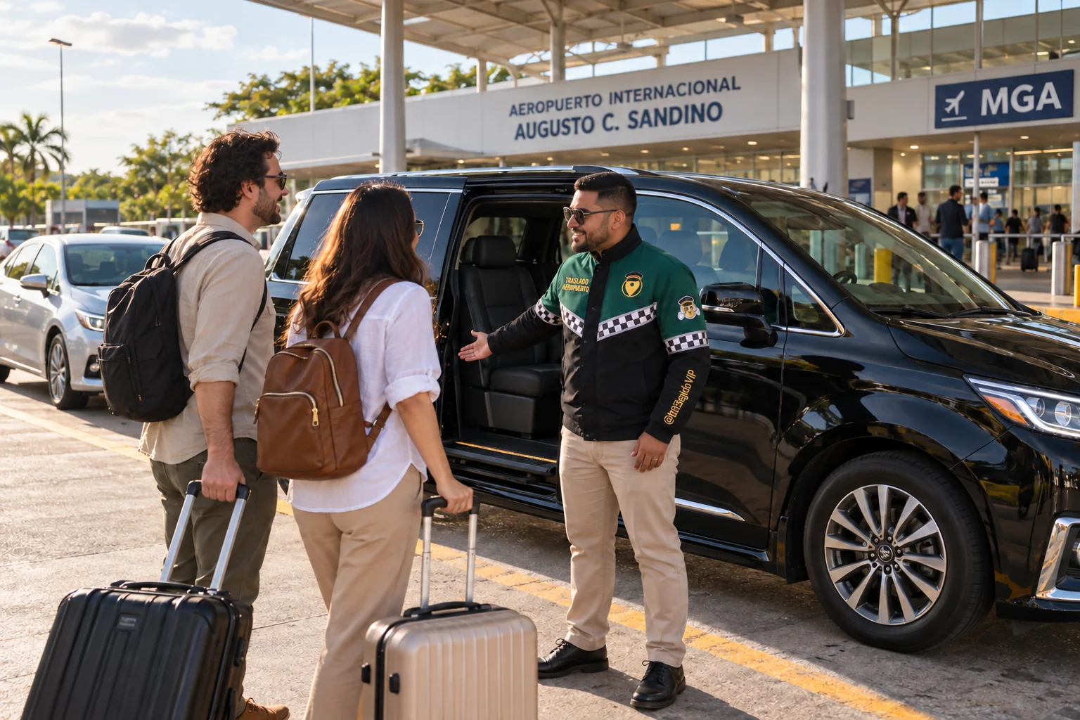 Recreación de traslado aeropuerto para León, con conductor uniformado, viajeros y vehículo junto a una terminal