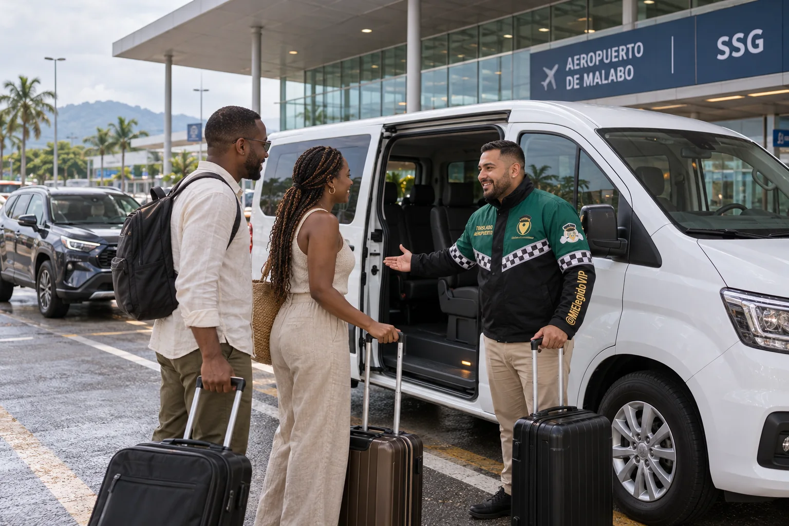 Recreación de traslado aeropuerto para Malabo, con conductor uniformado, viajeros y vehículo junto a una terminal