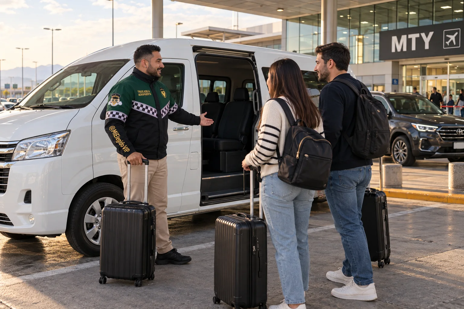 Recreación de traslado aeropuerto para Monterrey, con conductor uniformado, viajeros y vehículo junto a una terminal